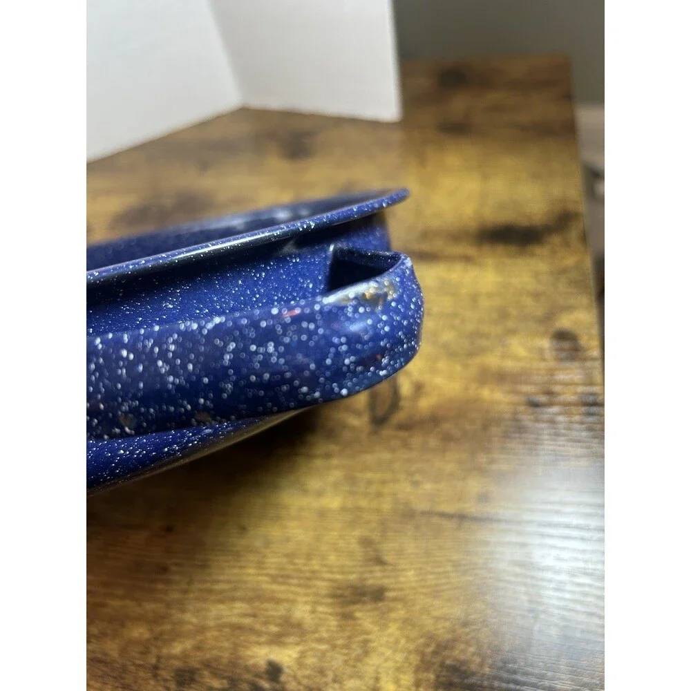 Vintage Blue Speckled Enamel Roasting Pan 14x9.5 Oval w/ Handles Bakeware